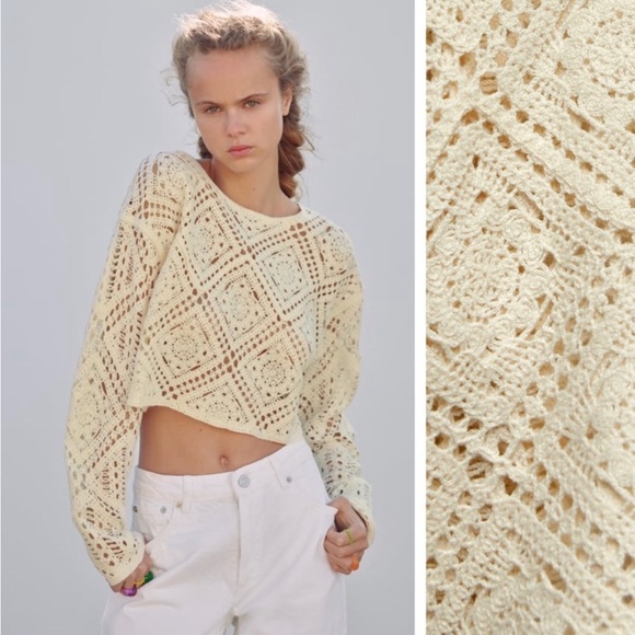 Zara Ecru Crocheted Knit Cropped Sweater - Picture 2 of 12
